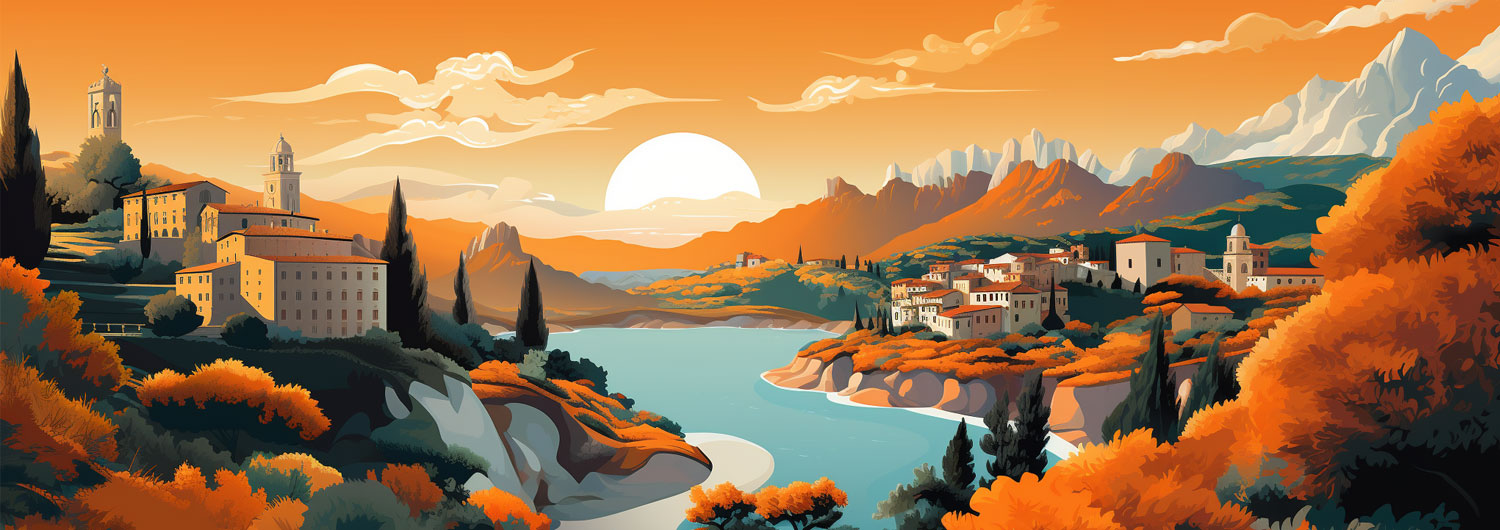Landscape drawing of a city during sunset, separated by a river - AlpineBits Alliance