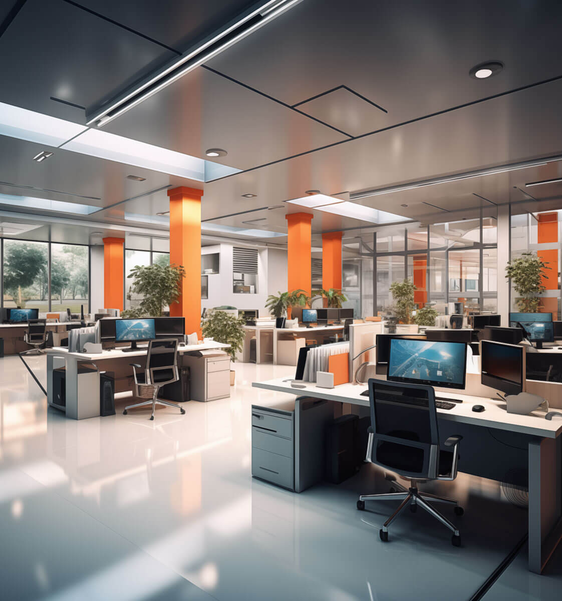 Open-plan office with individual desks with computers and orange columns - AlpineBits Alliance