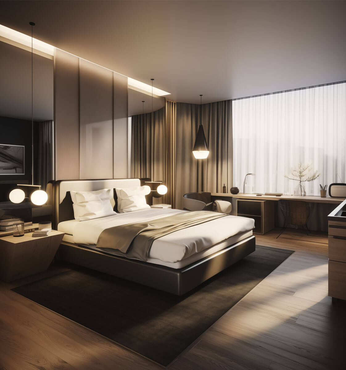 Elegantly furnished bedroom in dark colours - AlpineBits Alliance