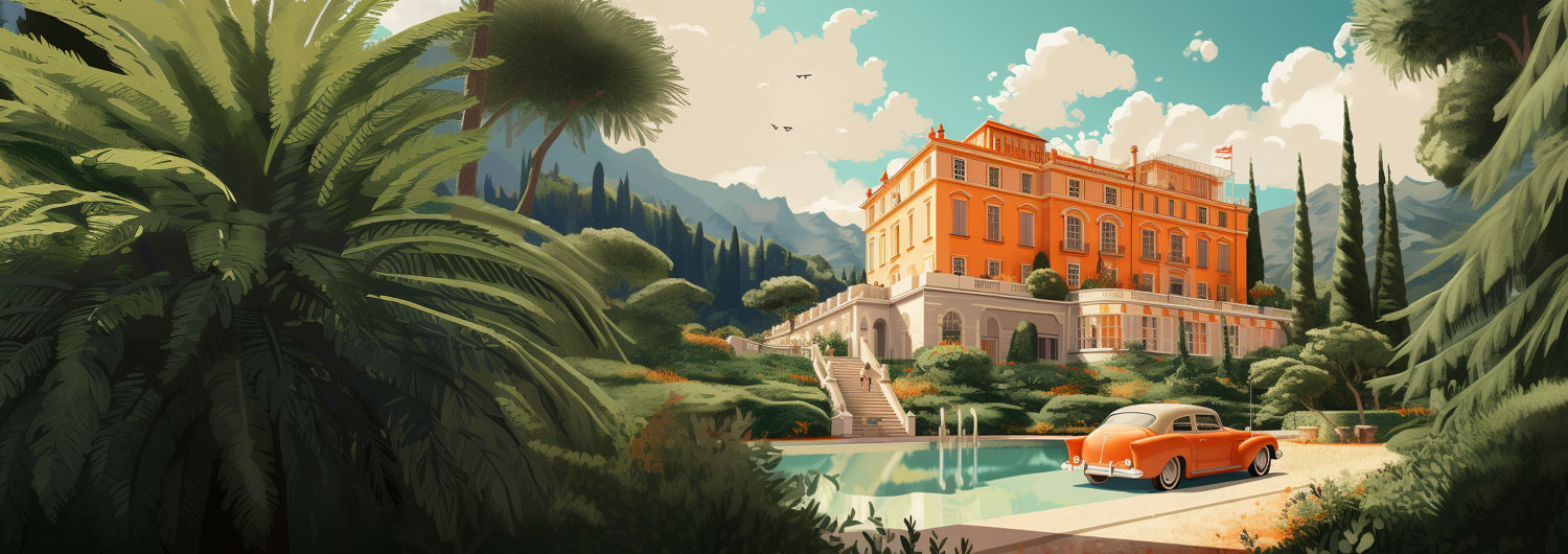 Drawing of a car in front of an orange hotel - in the foreground are wild growing plants - AlpineBits Alliance