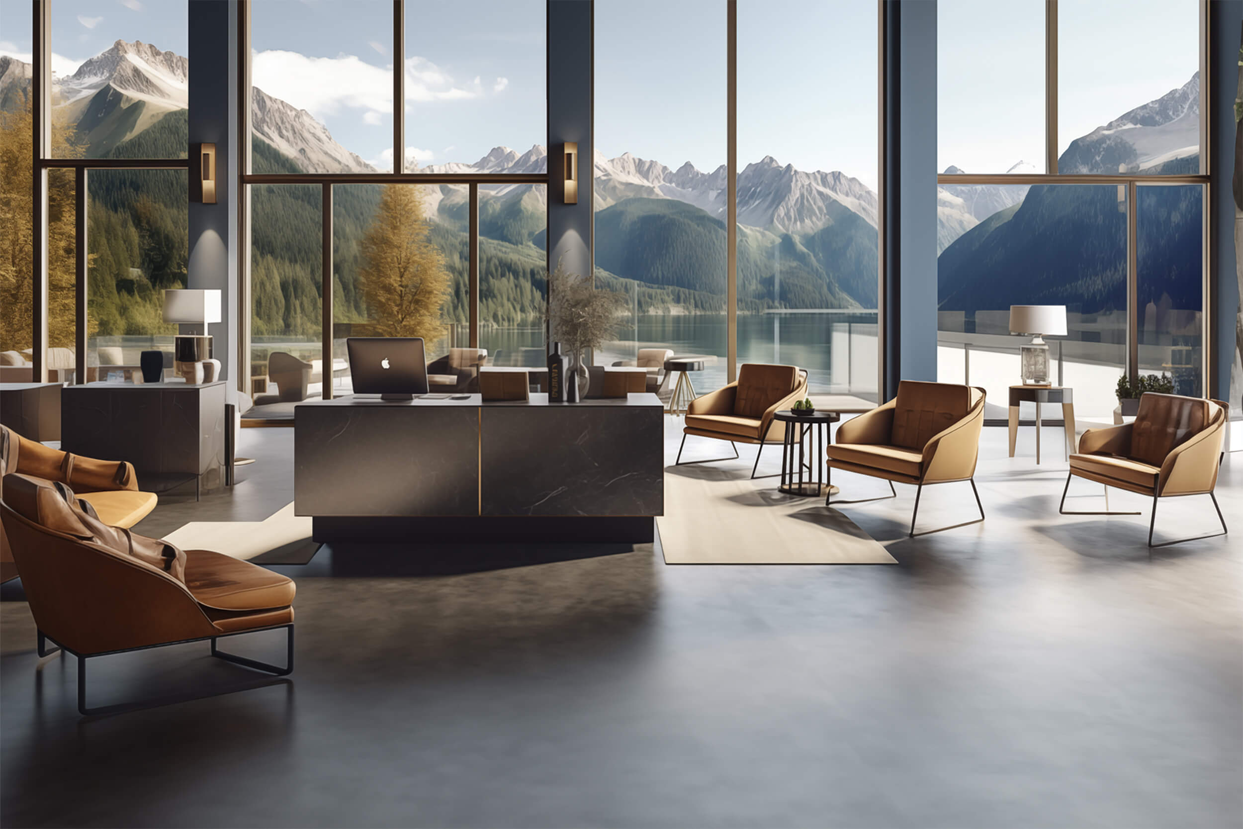 Bright lobby with reception desk, the window front overlooks a mountain lake and the South Tyrolean mountains in the background - AlpineBits Alliance