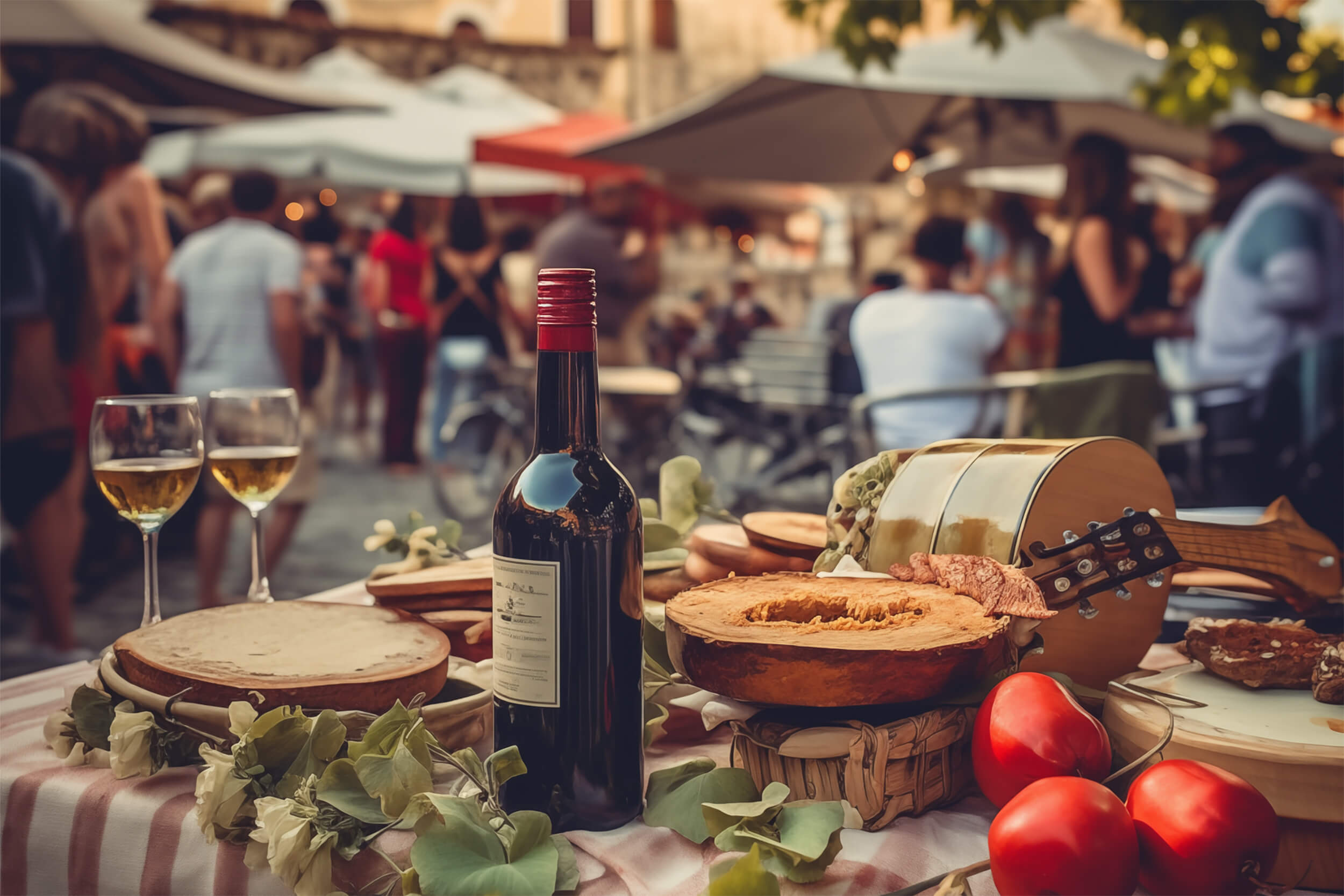 South Tyrolean red wine bottle on a counter full of flowers, pieces of wood & instruments, in the background a gathering of people at a market - AlpineBits Alliance