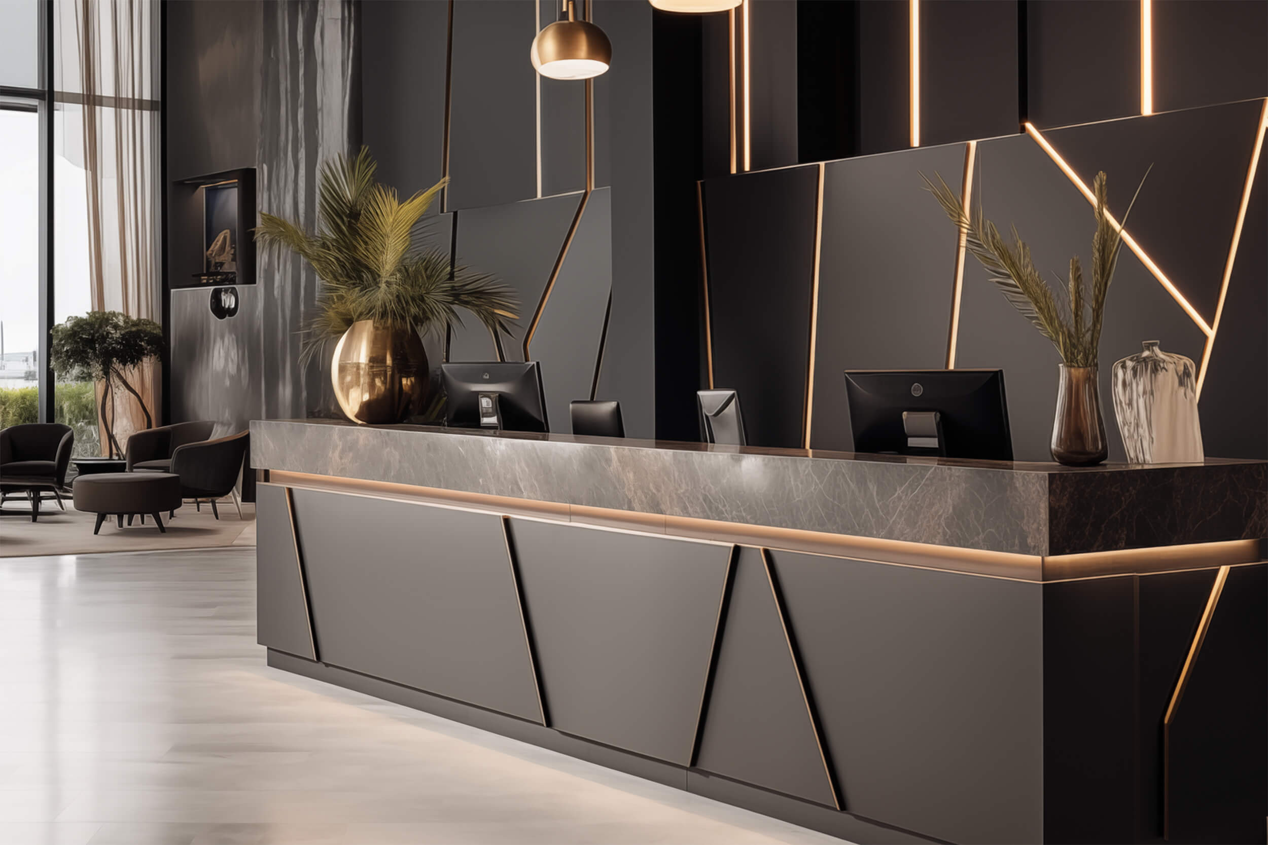 Bright lobby with reception desk elegantly furnished in dark colours and indirect lighting - AlpineBits Alliance