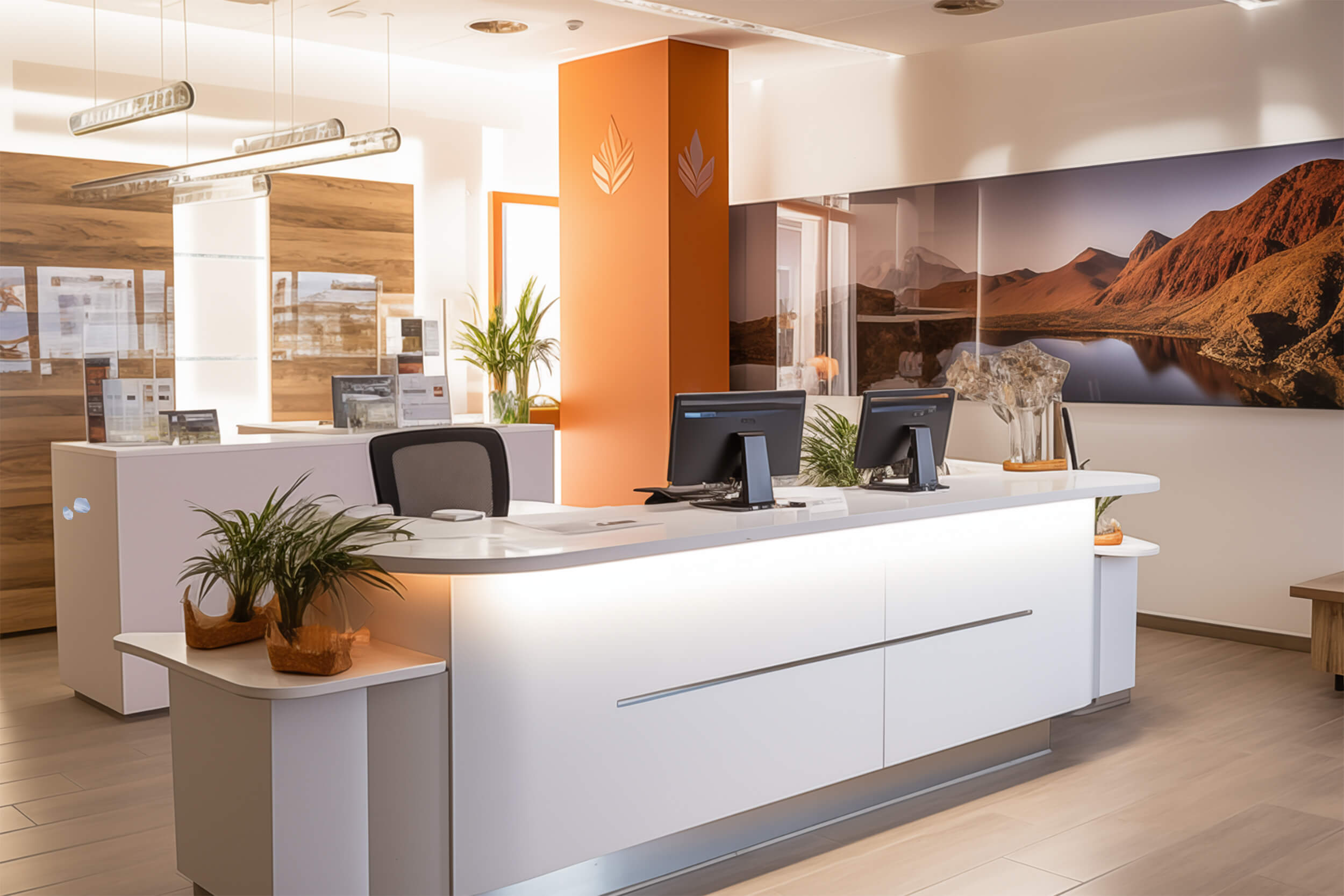 A bright office with orange walls, stylishly furnished - AlpineBits Alliance